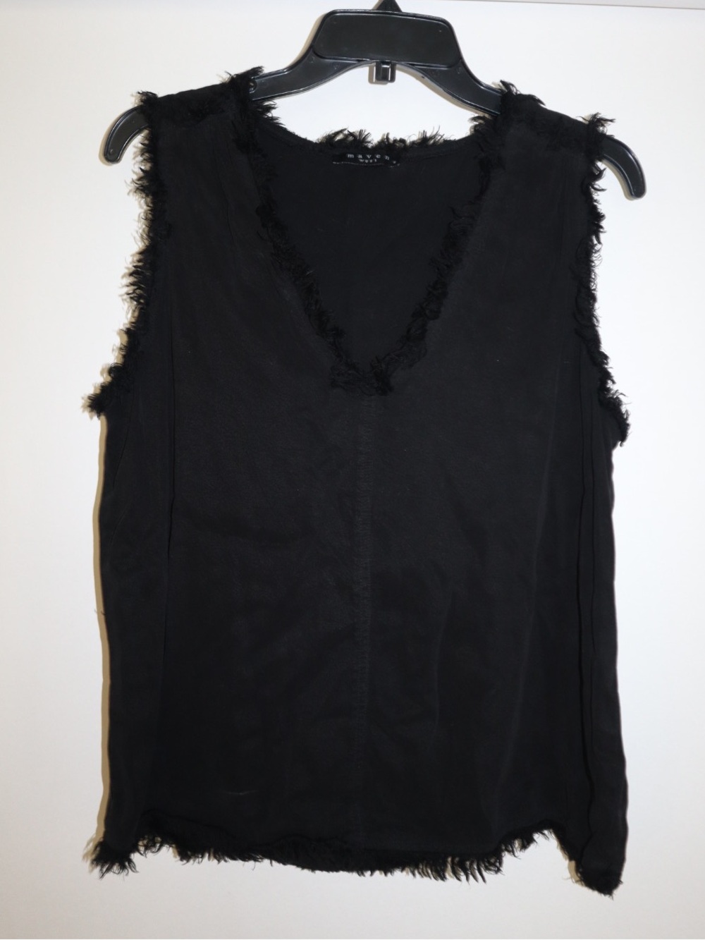 Maven West Black Sleeveless V-Neck Fringe Trim Tank